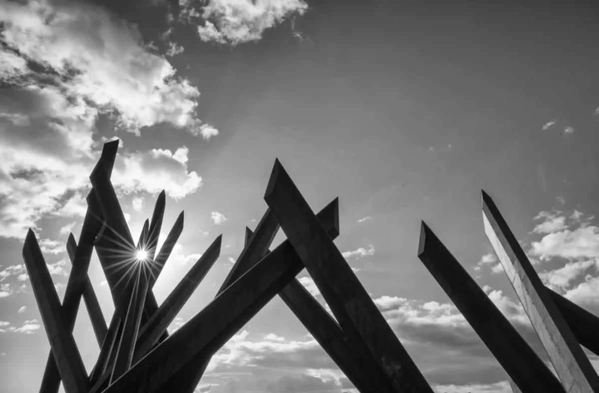 Plaza De La Revolucion (Revolution Plaza) in Santiago de Cuba is a memorial to Antonio Maceo who fought in the war of independence against Spain. Maceo taught the peasants to use machetes properly as weapons…thus the forest of 23 giant raised blades....
