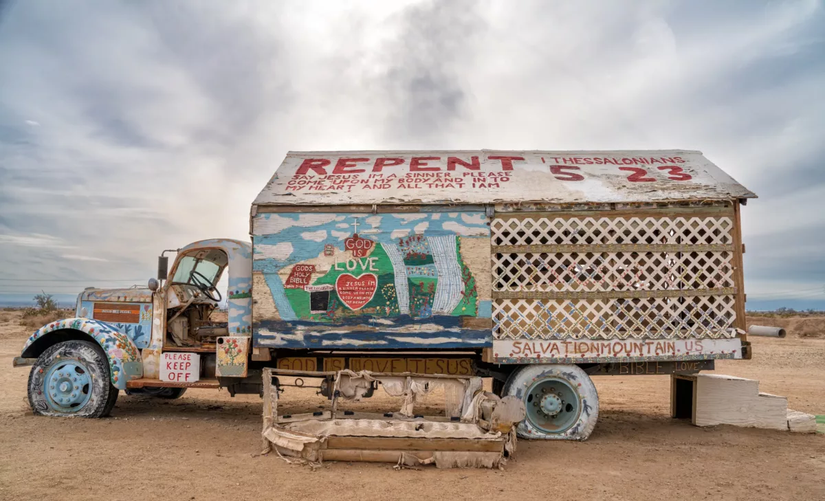 Salvation Mountain is a must see (at least once!) - located east of Niland, California and the Sonny Bono Salton Sea National Wildlife Refuge! While there, the East Jesus sculpture garden is also worth stopping to see!