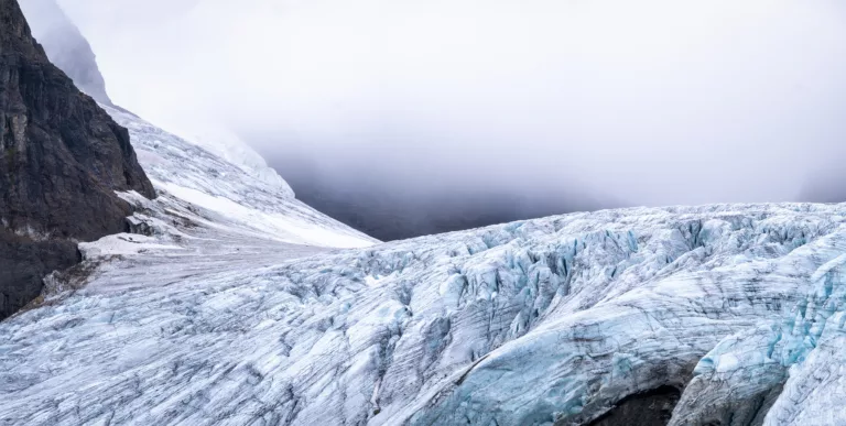 Weather moving in over a glacier on the Svalbard archipelago in the Arctic ocean